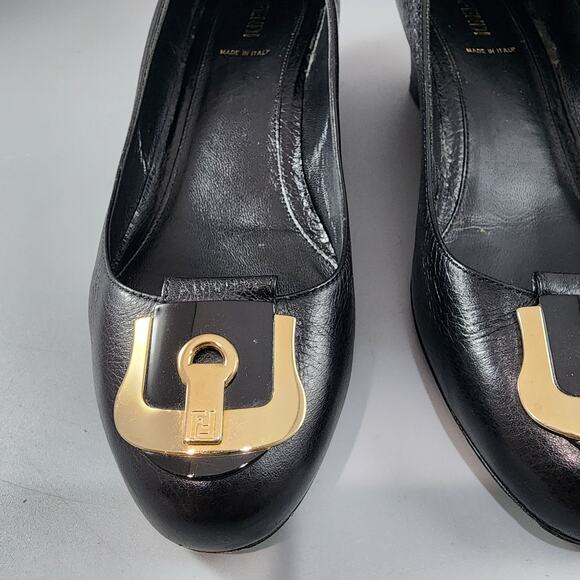 Fendi Black Leather Wedge Pumps Gold Logo Accent - IT Size 40 - US Size 10 - Picture 8 of 13